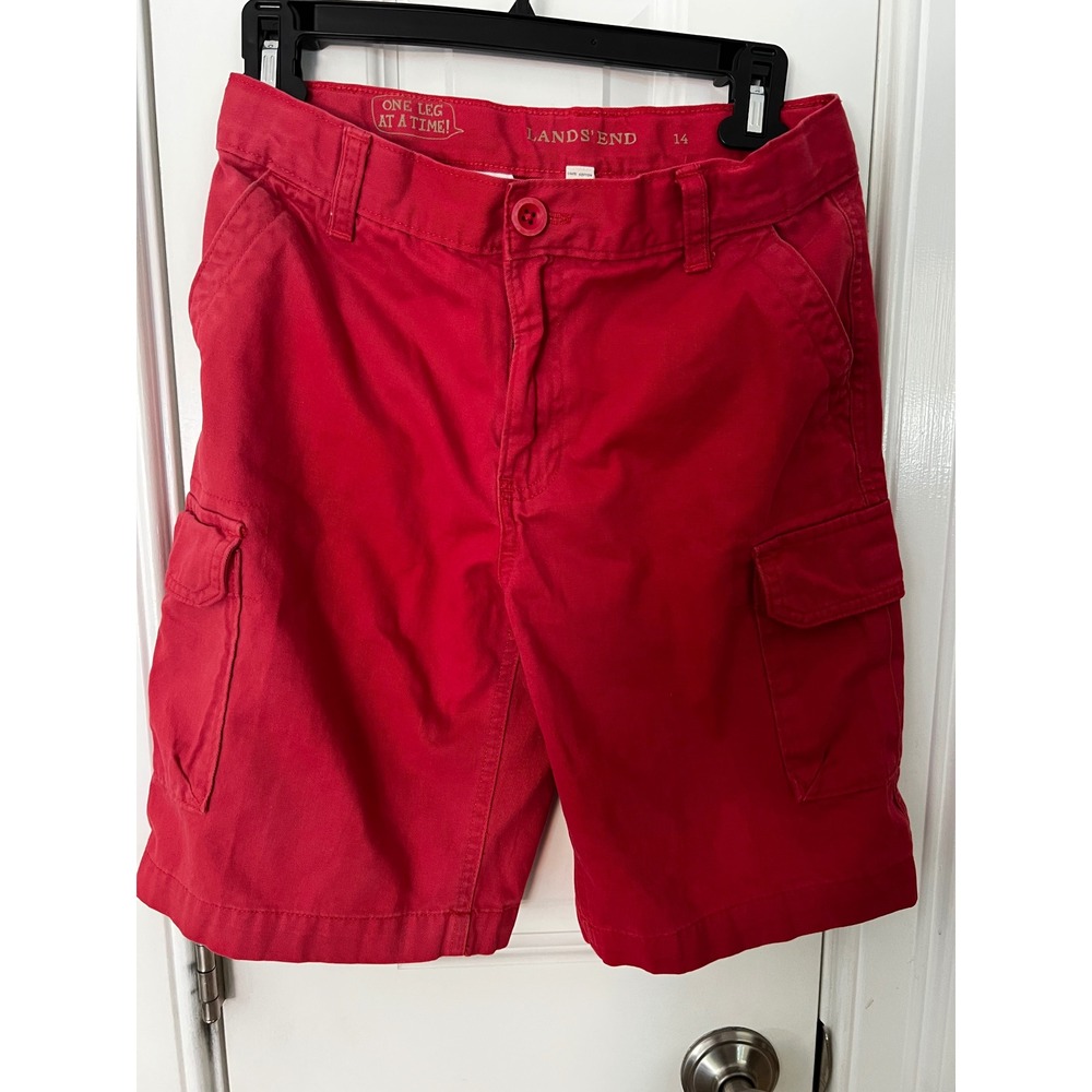 Lands End Kids Red Cotton Twill Cargo Shorts Boys Size 14